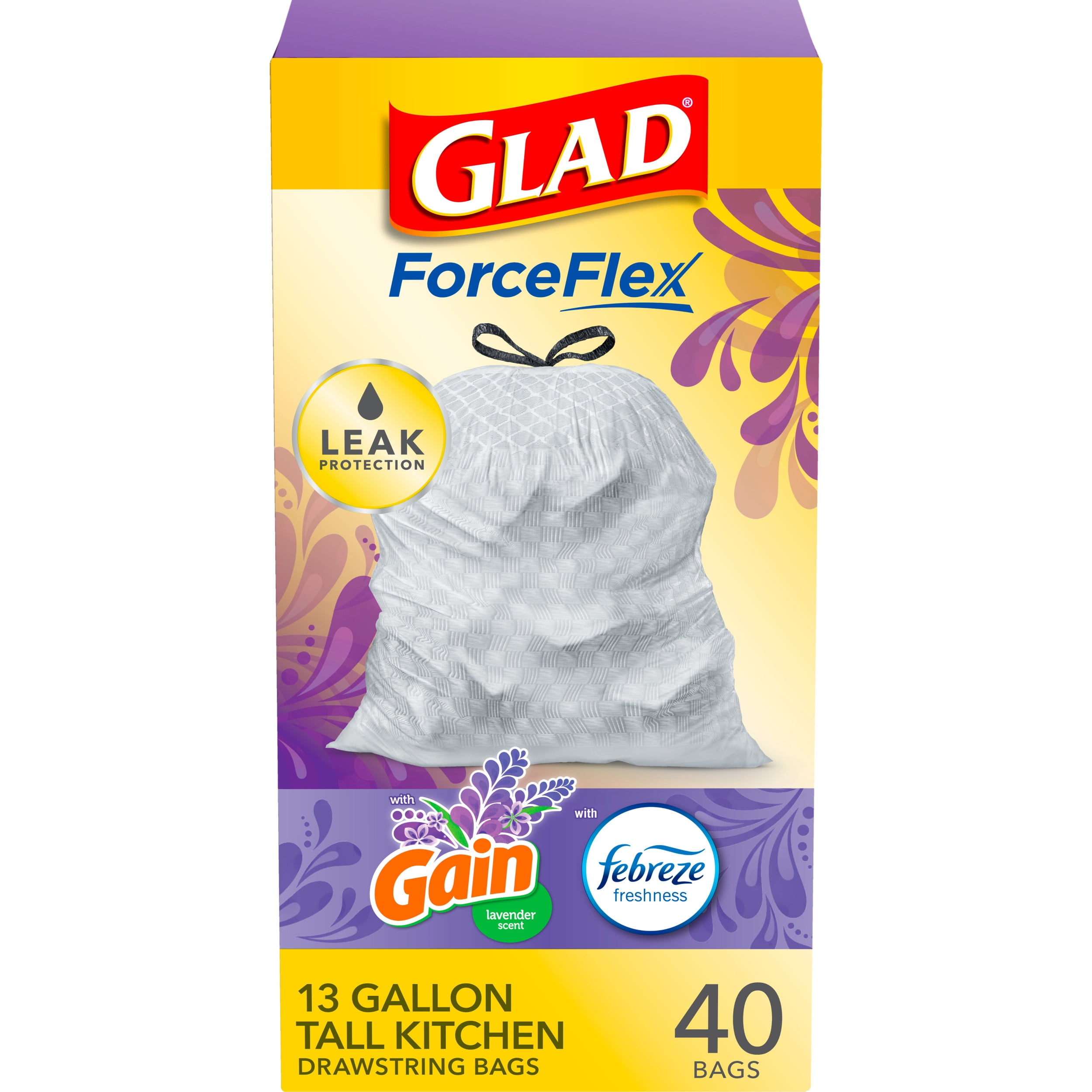 Glad ForceFlexPlus 13 Gallon Tall Kitchen Trash Bags, Gain Lavender with  Febreze, 40 Count 