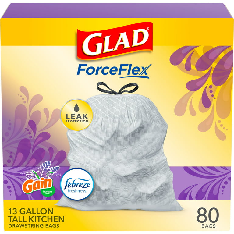  Glad ForceFlex Tall Kitchen Drawstring Trash Bags, 13 Gallon Trash  Bag, Gain Lavender with Febreze Freshness, 80 Count : Health & Household