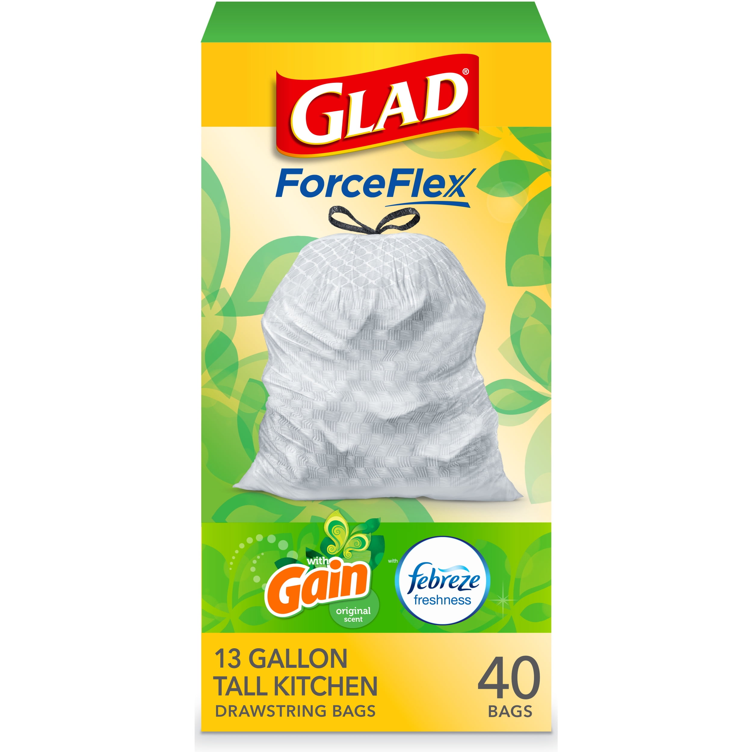 Glad ForceFlex MaxStrength Tall Kitchen Drawstring Trash Bags, 13 Gallon,  Fresh Clean Scent with Febreze Freshness, 34 Count