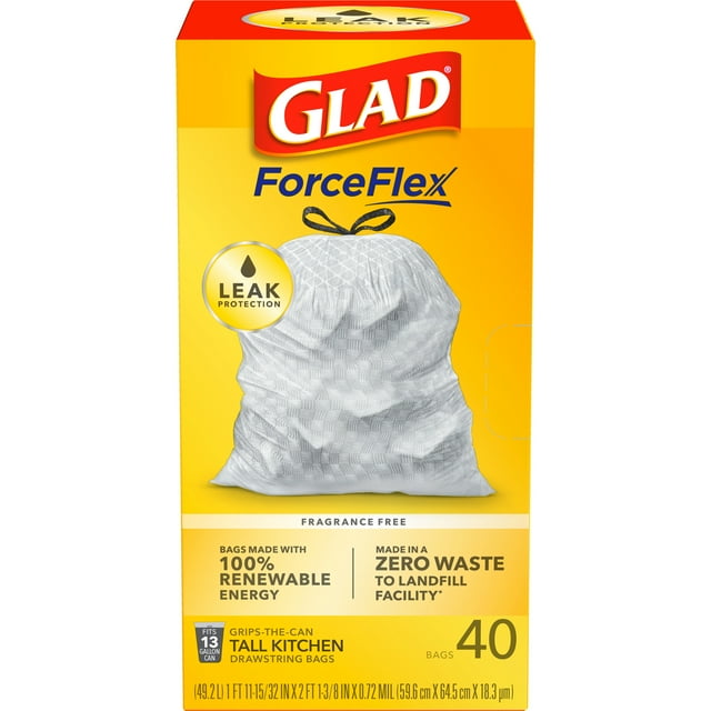 Glad ForceFlex 13 Gallon Tall Kitchen Trash Bags, Unscented, 40 Bags