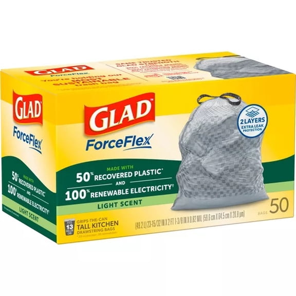 Glad ForceFlex 2 Layers Extra Leak Protection 13-Gallon Drawstring Kitchen Trash Bags, Light Scent, 50 Bags
