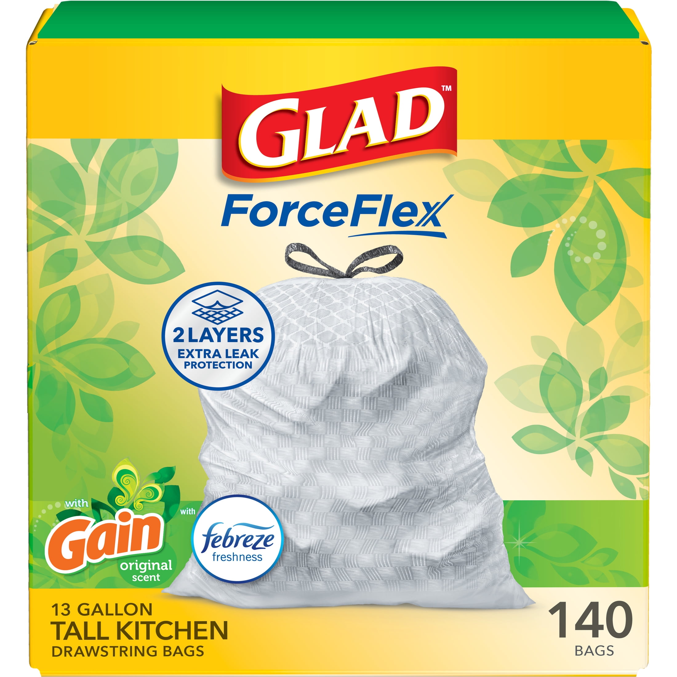 Glad ForceFlex Tall Kitchen Drawstring Trash Bags, 13 Gallon, Gain Original with Febreze Freshness, 140 Bags