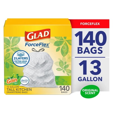 Glad ForceFlex Tall Kitchen Drawstring Trash Bags, 13 Gallon, Gain Original with Febreze Freshness, 140 Bags