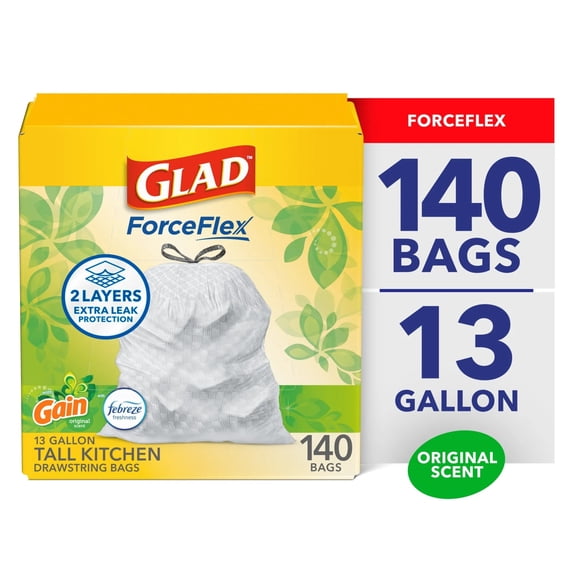 Glad ForceFlex Tall Kitchen Drawstring Trash Bags, 13 Gallon, Gain Original with Febreze Freshness, 140 Bags
