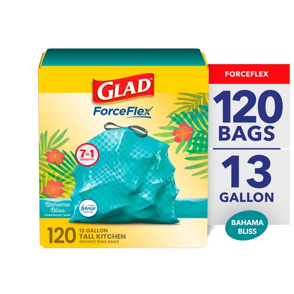 Glad ForceFlex 13-Gallon Drawstring Tall Kitchen Trash Bags, Bahama Bliss Scent, 120 Bags