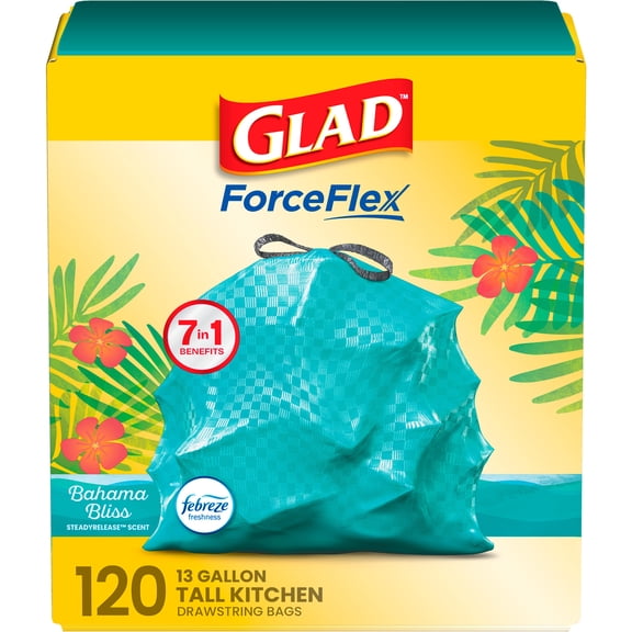 Glad ForceFlex 13-Gallon Drawstring Tall Kitchen Trash Bags, Bahama Bliss Scent, 120 Bags