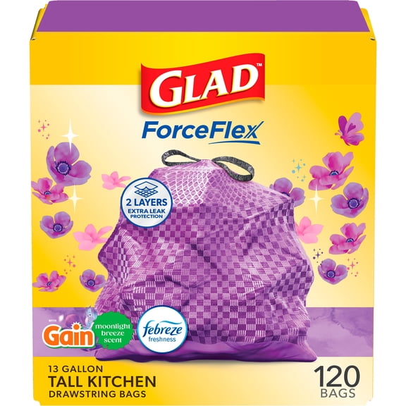 Glad ForceFlex Tall Kitchen Drawstring Trash Bags, 13 Gallon, Purple, Moonlight Breeze, 120 Count