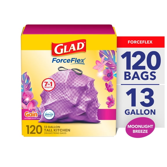 Glad ForceFlex 13-Gallon Drawstring Tall Kitchen Trash Bags, Gain Moonlight Breeze Scent, 120 Bags