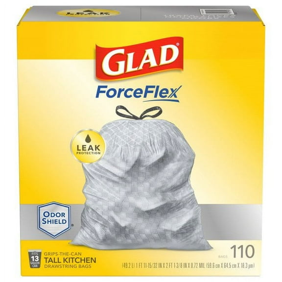 Glad ForceFlex Drawstring Tall Kitchen Trash Bags, 13 Gallon, 110 Count