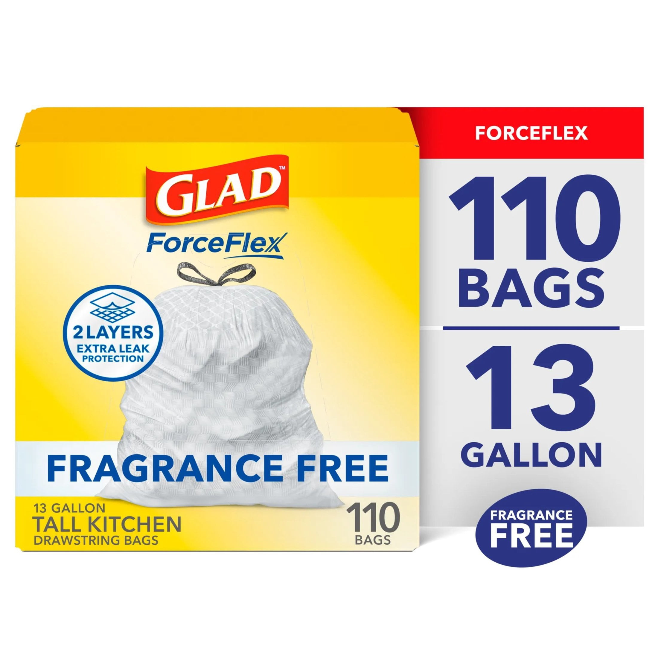 Glad ForceFlex Tall Kitchen Drawstring Trash Bags, 13 Gallon, Fragrance Free, 110 Count
