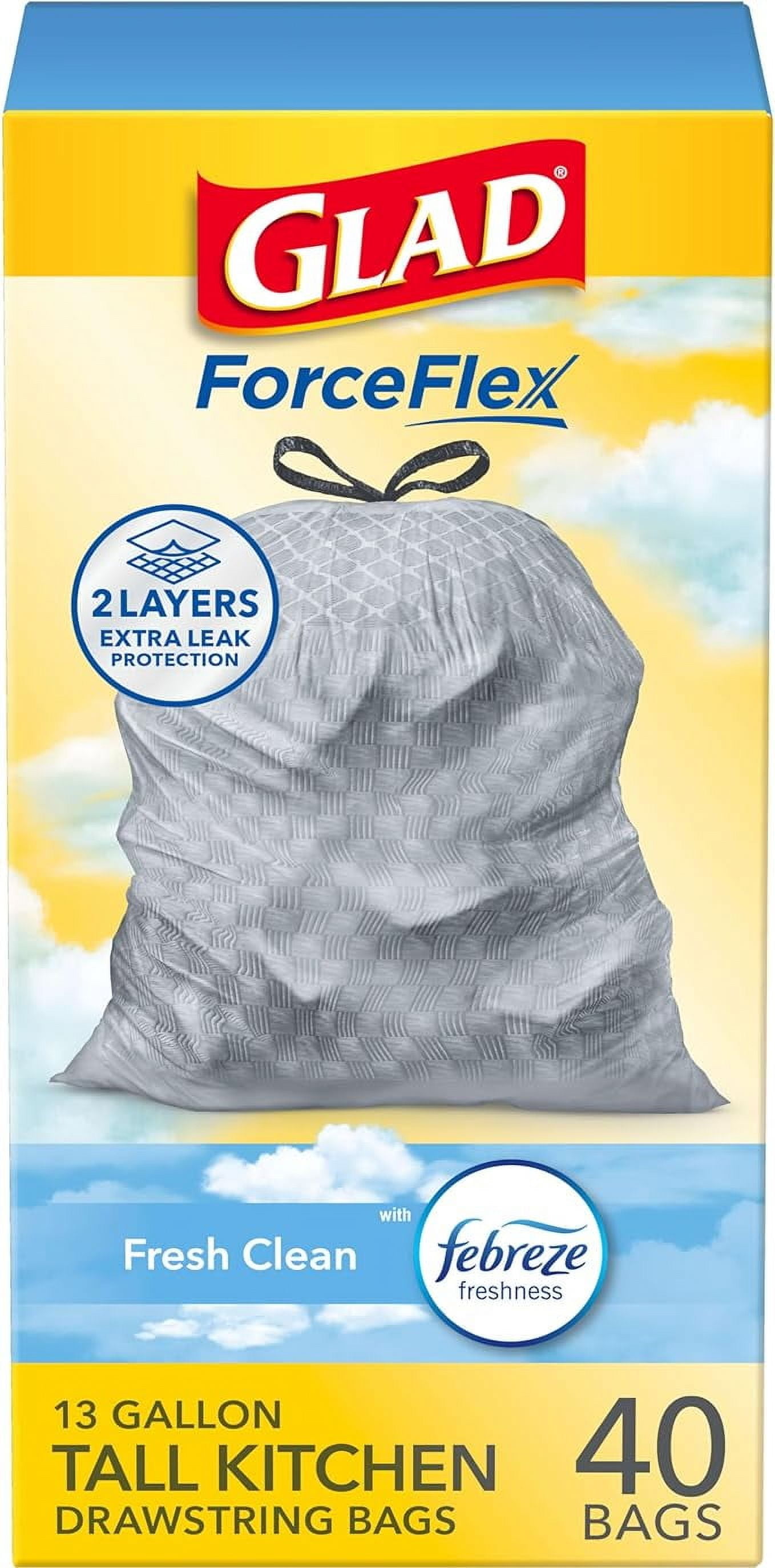 Glad ForceFlex Drawstring Trash Bags, 13 Gal, Fresh Clean, 40 Ct (Package May Vary) ( Pack of 2 )