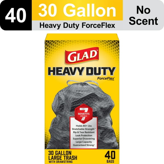 Glad ForceFlex Heavy Duty Large Drawstring Trash Bags, Hold 80+ Pounds, 30 Gallon, 40 Count