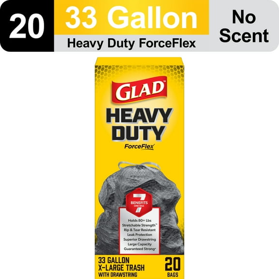 Glad ForceFlex Heavy Duty Large Drawstring Trash Bags, Hold 80+ Pounds, 33 Gallon, 20 Count