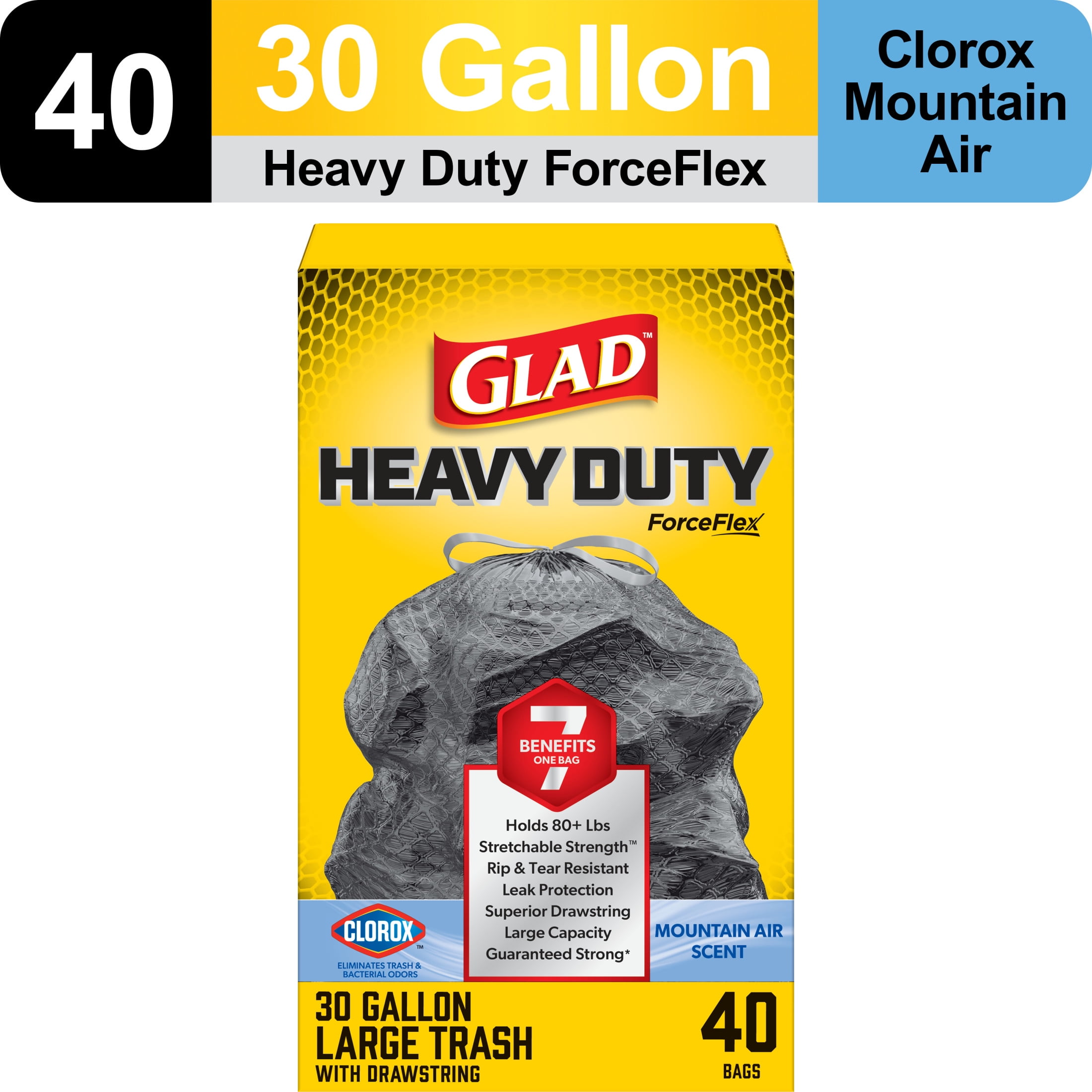 Glad ForceFlex Heavy Duty Trash Bags With Clorox, Mountain Air Scent, 30 Gallon, 40 Count