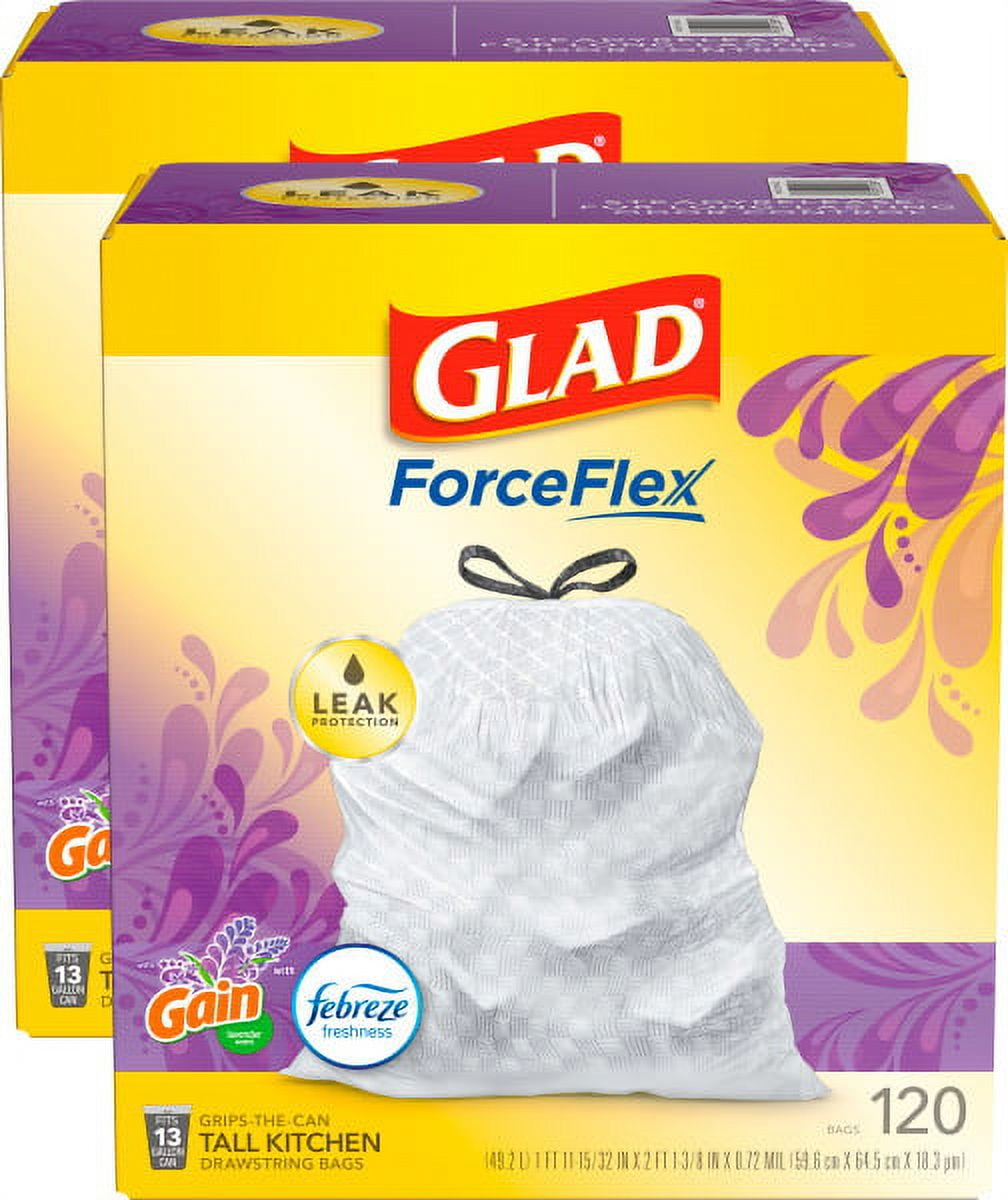 Glad® ForceFlex Kitchen Drawstring Trash Bags, 13 Gallon, Gain Lavender