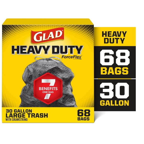 Glad, ForceFlex, Large Trash, Drawstring Bag, Heavy Duty, 30 gallon, 68ct