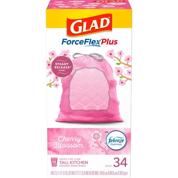 Glad ForceFlex MaxStrength 13 Gal. Cherry Blossom Scent Pink Kitchen Drawstring Trash Bags (Pack of 18)