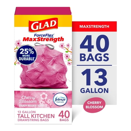 Glad ForceFlex MaxStrength 13 Gallon Tall Kitchen Drawstring Trash Bags, Cherry Blossom, 40 Bags