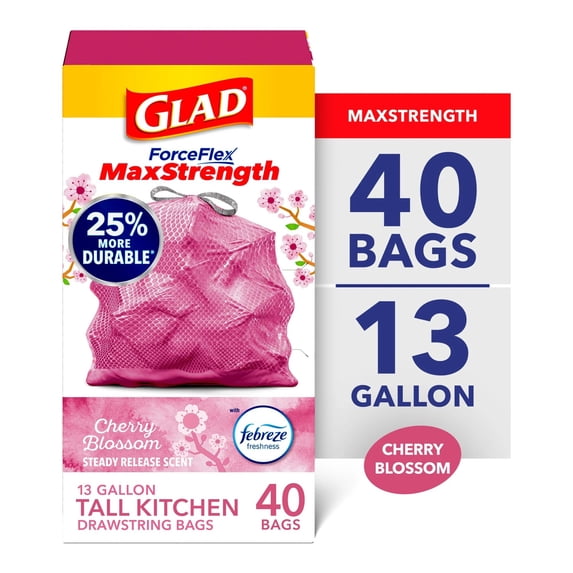 Glad ForceFlex MaxStrength 13 Gallon Tall Kitchen Drawstring Trash Bags, Cherry Blossom, 40 Bags