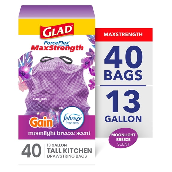 Glad ForceFlex MaxStrength 13-Gallon Purple Drawstring Tall Kitchen Bags, Gain Moonlight Breeze Scent, 40 Bags