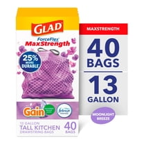 Glad ForceFlex MaxStrength Tall Kitchen Trash Bags, 13 Gal, Gain Moonlight Breeze, 40 Ct
