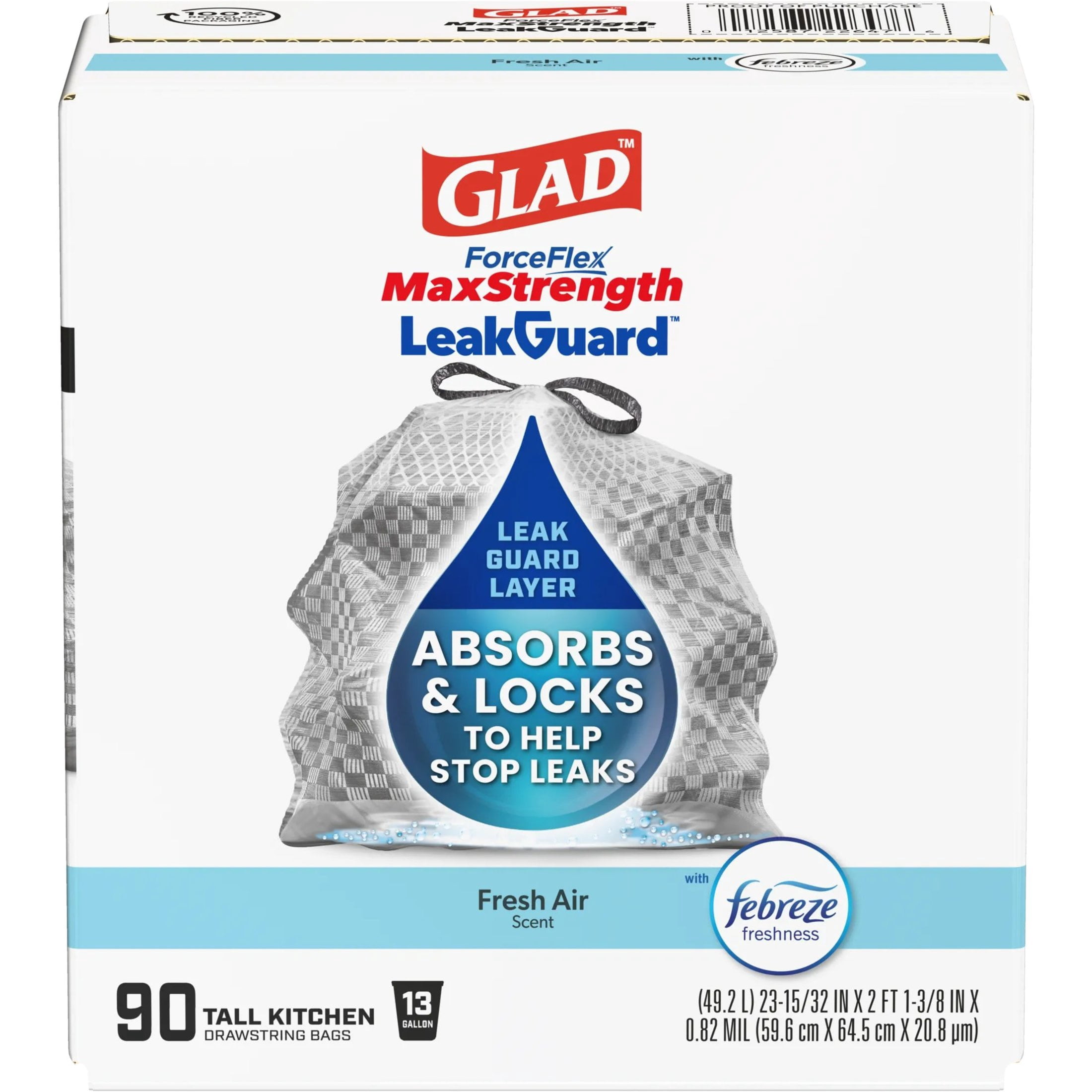 Glad ForceFlex MaxStrength LeakGuard Tall Kitchen Trash Bags, 13 Gallon, Fresh Air, 90 Count