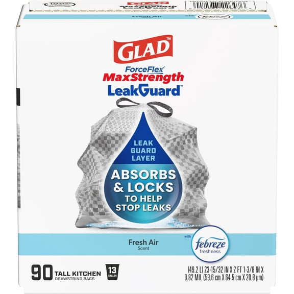 Glad ForceFlex MaxStrength LeakGuard Tall Kitchen Trash Bags, 13 Gallon, Fresh Air, 90 Count