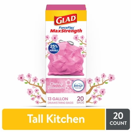 Glad ForceFlex MaxStrength Drawstring Scented Tall Kitchen Trash Bags 13 Gallon Cherry Blossom 20 ct - Pack of 2