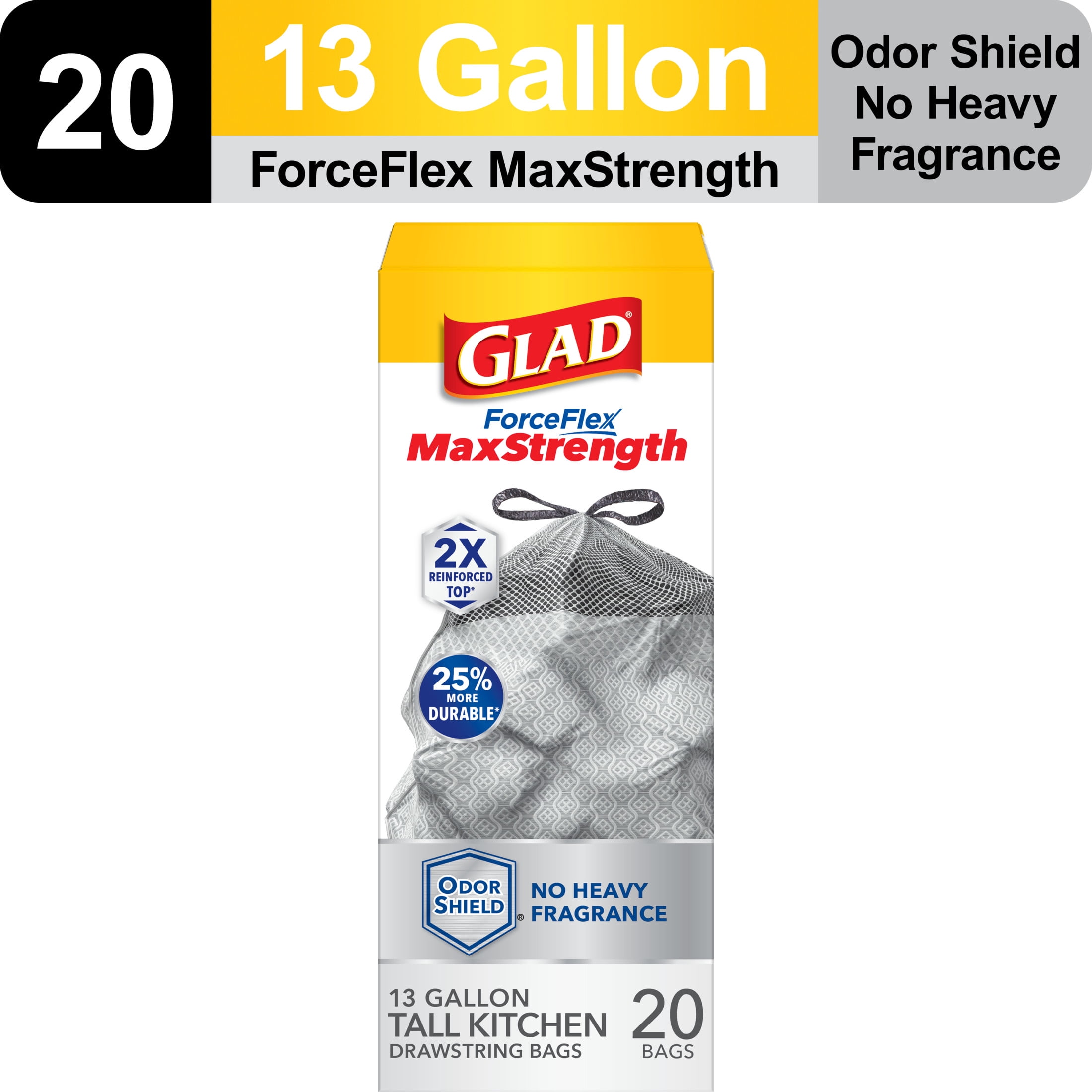 Glad ForceFlex MaxStrength Drawstring Trash Bags, 13 Gallon, Odor Shield, 20 Count