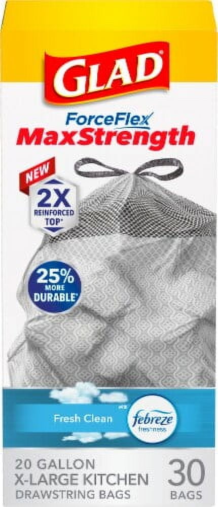 Glad ForceFlex MaxStrength Drawstring X-Large Kitchen Trash Bags Fresh Clean With Febreze 20 Gallon 30 ct