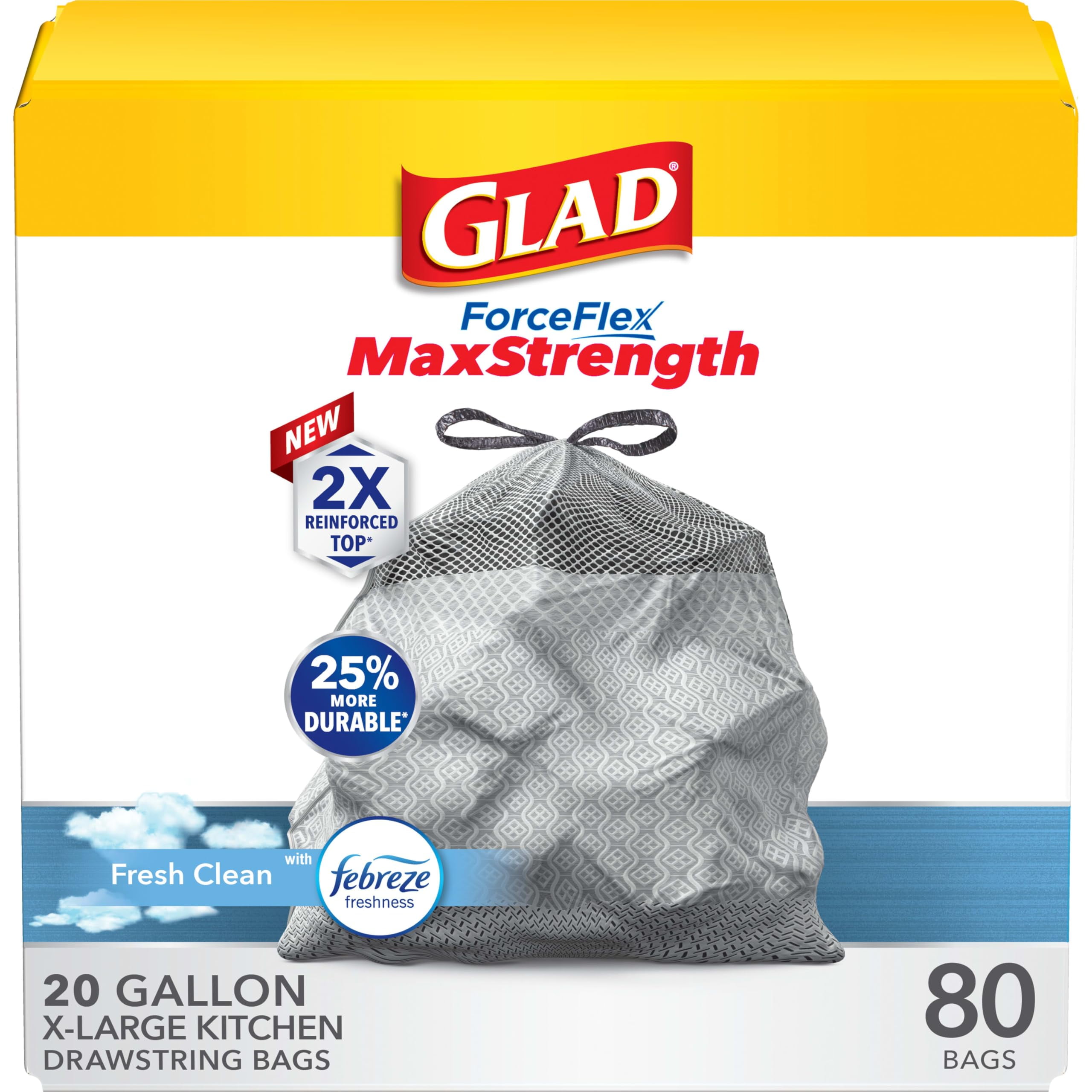 Glad ForceFlex MaxStrength Kitchen AIF9 Drawstring Trash Bags, 20 Gal, Fresh Clean, 80 Ct, Pack May Vary