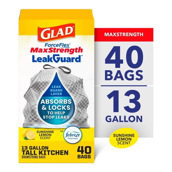Glad ForceFlex MaxStrength LeakGuard Tall Kitchen Trash Bags, 13 Gal, Sunshine Lemon Scent, 40 Ct