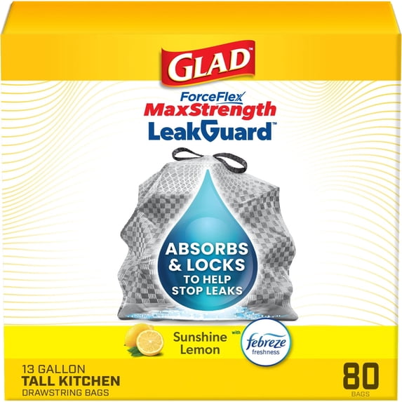 Glad ForceFlex MaxStrength LeakGuard Tall Kitchen Trash Bags, 13 Gal, Sunshine Lemon Scent, 80 Ct