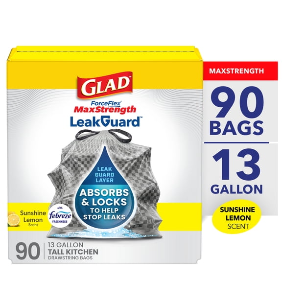 Glad ForceFlex MaxStrength LeakGuard Tall Kitchen Trash Bags, 13-Gallon, Sunshine Lemon Scent, 90 Bags