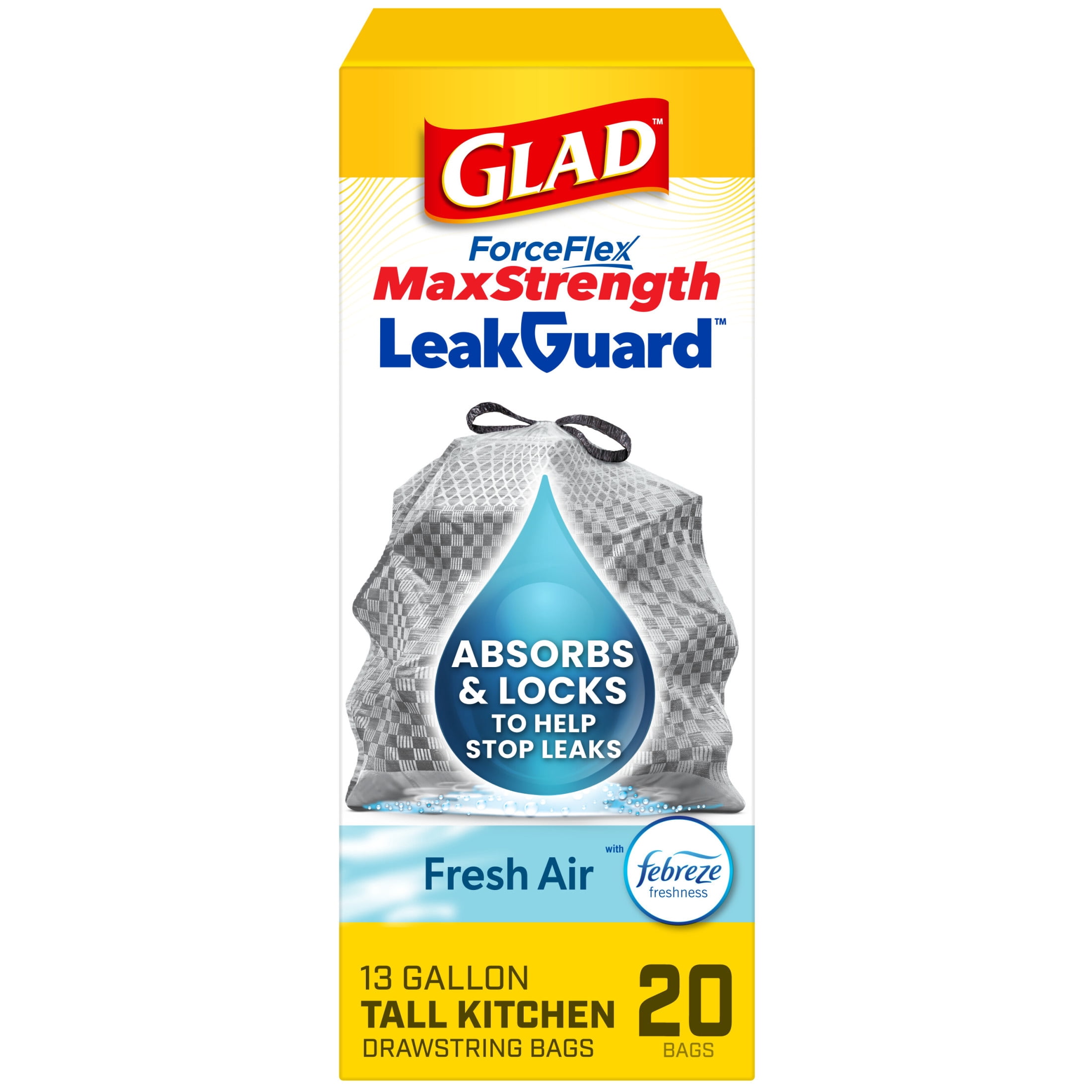 Glad ForceFlex MaxStrength LeakGuard 13-Gallon Tall Kitchen Trash Bags, Febreze Fresh Air Scent, 20 Bags