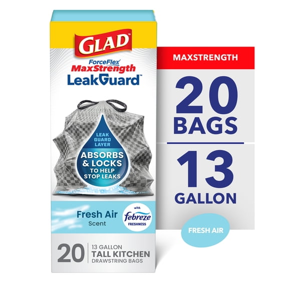 Glad ForceFlex MaxStrength LeakGuard 13-Gallon Tall Kitchen Trash Bags, Febreze Fresh Air Scent, 20 Bags