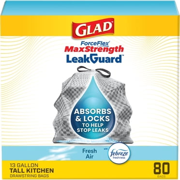 Glad ForceFlex MaxStrength LeakGuard Tall Kitchen Trash Bags, 13 Gallon, Fresh Air, 80 Count