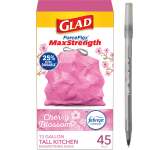 Glad ForceFlex MaxStrength Scented Kitchen Trash Bags, 13 Gal, Pink, Cherry Blossom with pan