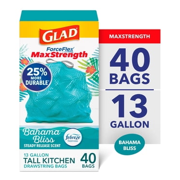 Glad ForceFlex MaxStrength Tall Kitchen Drawstring Trash Bags, 13 Gal, Bahama Bliss, 40 Count