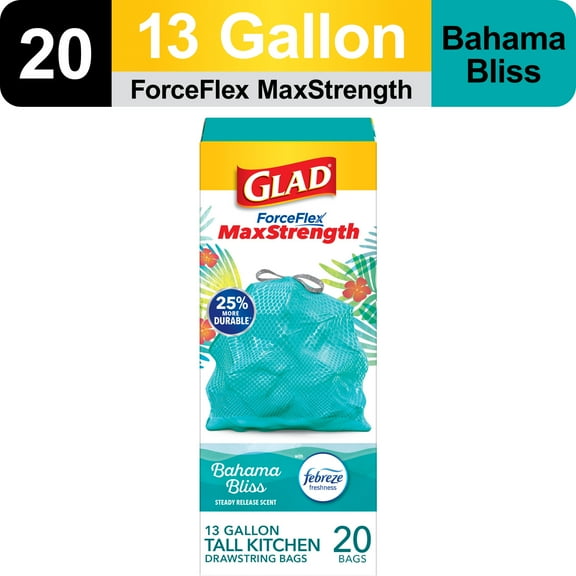 Glad ForceFlex MaxStrength Scented Tall Kitchen Trash Bags, 13 Gallon, Bahama Bliss with Febreze Freshness, 20 Bags
