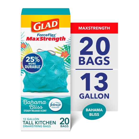Glad ForceFlex MaxStrength Scented Tall Kitchen Trash Bags, 13 Gallon, Bahama Bliss with Febreze Freshness, 20 Bags