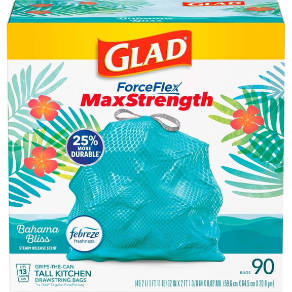 Glad ForceFlex MaxStrength TWE5Tall Kitchen Drawstring Trash Bags, 13 Gallon, Bahama Bliss, Teal, 90 Ct