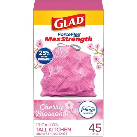 Glad ForceFlex MaxStrength Tall Kitchen Drawstring Pink Trash Bags - Cherry Blossom - 13gal/45ct.