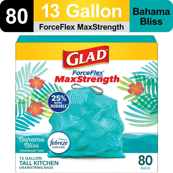 Glad ForceFlex MaxStrength Tall Kitchen Drawstring Trash Bags, 13 Gal, Bahama Bliss, 80 Count