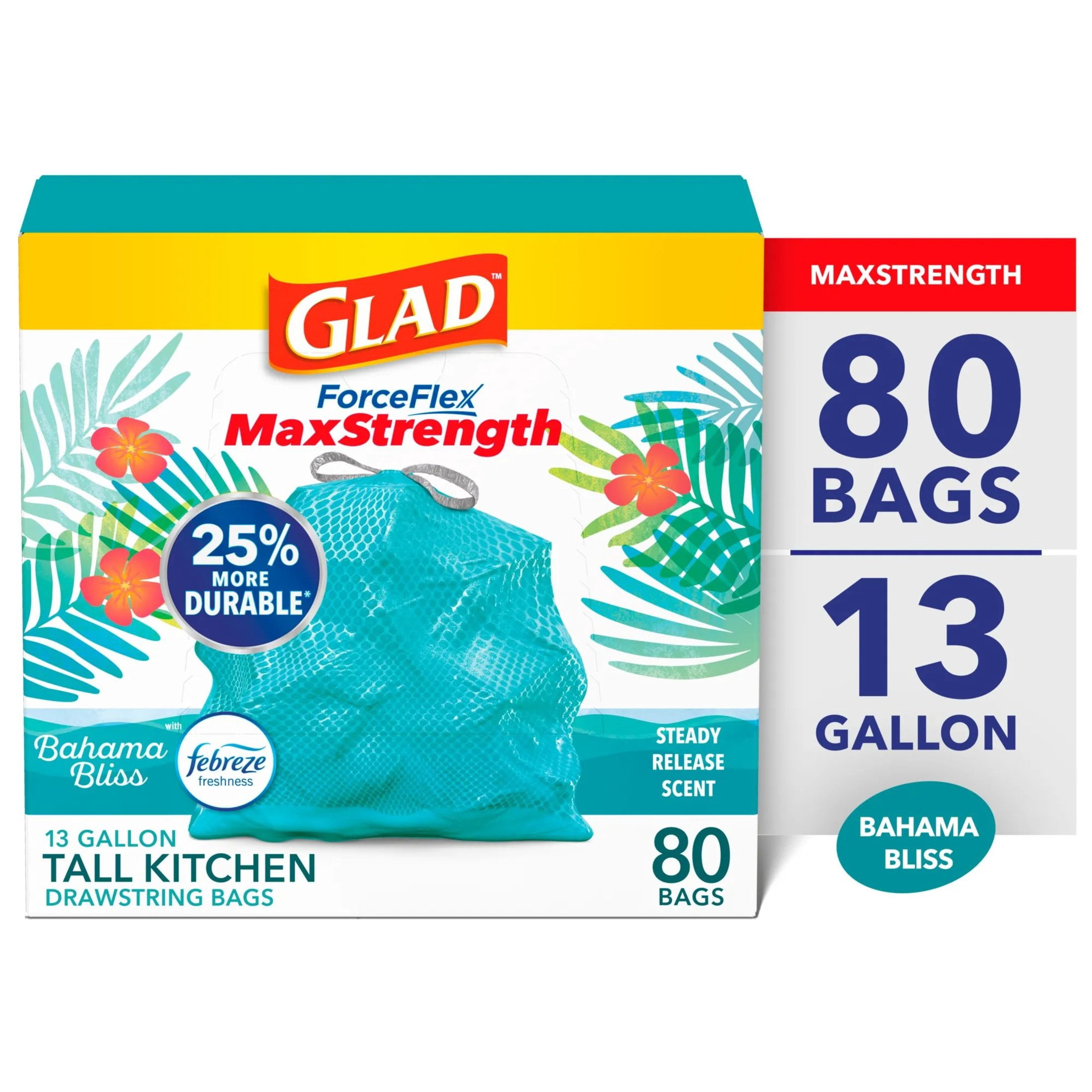 Glad ForceFlex MaxStrength 13-Gallon Teal Drawstring Tall Kitchen Trash Bags, Febreze Freshness Bahama Bliss Scent, 80 Bags