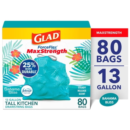 Glad ForceFlex MaxStrength Tall Kitchen Drawstring Trash Bags, 13 Gal, Bahama Bliss, 80 Count