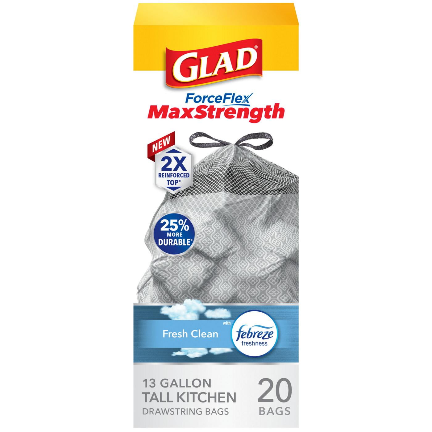 Glad ForceFlex MaxStrength Tall Kitchen Drawstring Trash Bags, 13 Gallon - Fresh Clean Scent with Fe- Pack of 2