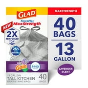 Glad ForceFlex MaxStrength Tall Kitchen Drawstring Trash Bags, 13 Gallon, Gain Lavender, 40 Count