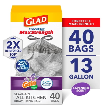 Gain ForceFlex MaxStrength Tall Kitchen Drawstring Trash Bags, 13 Gallon, Gain Lavender, 40 Count