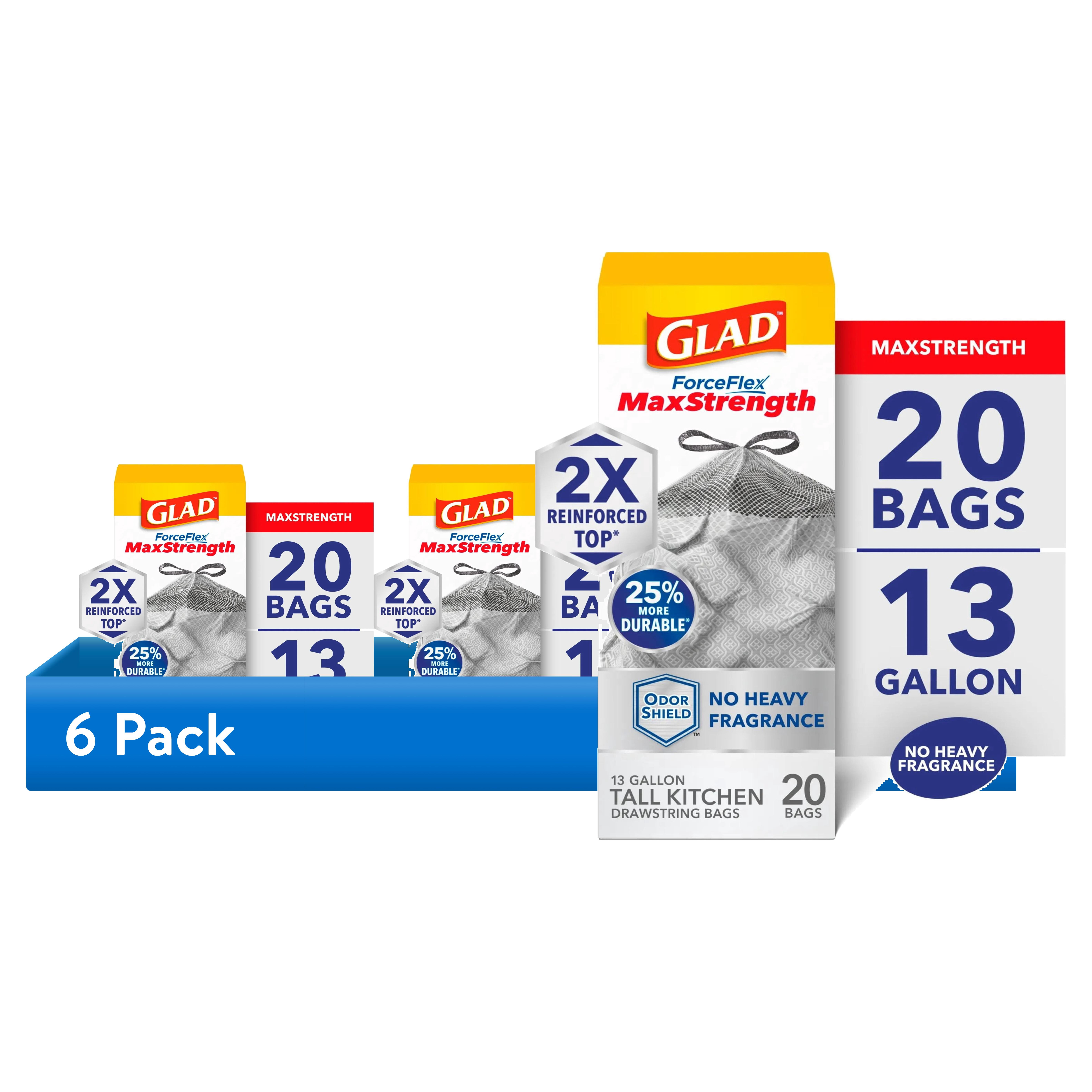 (6 pack) Glad ForceFlex MaxStrength OdorShield 13-Gallon Tall Kitchen Trash Bags, 20 Bags